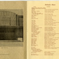 Two pages from the Dedication Ceremony pamphlet for the 1951 Beth El Ner Tamid temple. Left page features a photograph of the temple entrance. Right page features a list of "Dedication Honors" with names of donors.