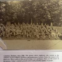 Photo of 58 Forest Home workers circa 1900 with description below photo.