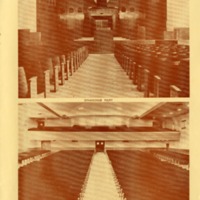 Interior view of the new 1951 Beth El Ner Tamid temple. Features a photograph of the pulpit, and the view looking from the pulpit.