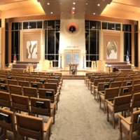 Panoramic photograph of the interior of River Hills Synagogue Sanctuary.