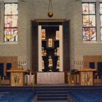 Photograph of the sanctuary (open) at Beth El's Mequon location. This houses the Torah's when not in use.