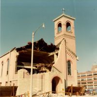 Historical photograph of the partially destroyed Blessed Virgin of Pompeii Church. 