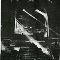 Historical photograph of the interior of the Calvary Presbyterian Church after the fire caused by Pastor John Lewis.