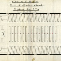 A floorplan of the second church on Cass Street with numbered pews, 1857.