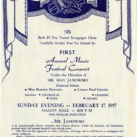 Flier from Beth El Ner Tamid's first annual music festival, 1957.