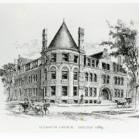 A lithograph of the Plymouth Church building at the intersection of Wells and Van Buren Streets.