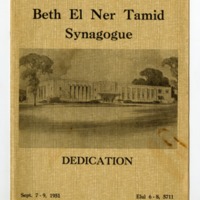 Pamphlet cover for the Dedication Ceremony of the new Beth El Ner Tamid temple in 1951. Pamphlet shows an exterior photo of the new temple on Sherman Boulevard.