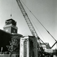 Historical photograph of the spire replacement at the Fourth Church of Christ, Scientist.