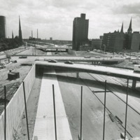 Historical photograph of construction of I-43 near St. Benedict the Moor.