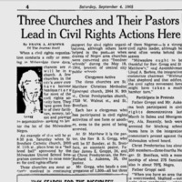 A newspaper article from September 4, 1965 titled "Three Churches and Their Pastors Lead in Civil Rights Actions Here".