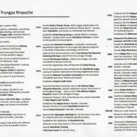 Year by year synopsis of the life and times of Chogyam Trungpa Rinpoche, posted at the Shambhala Meditation Center of Milwaukee.