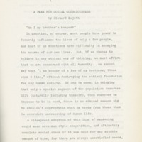 "A Plea for Social Consciousness"  by Richard Kujoth. This article was printed in the 1962 issue of the First Unitarian Societies newsletter, the "Chanticleer." Page 1.