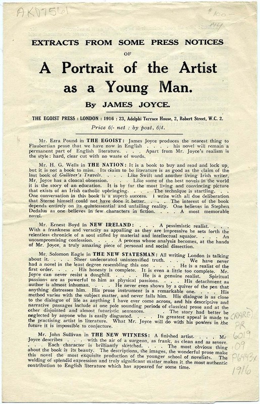 Extracts from Some Press Notices of A Portrait of the Artist as a Young Man by James Joyce