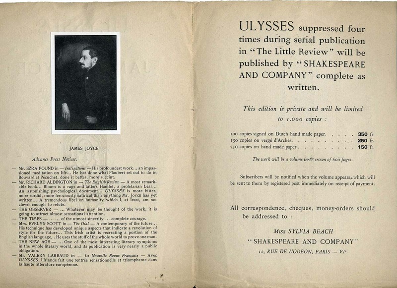 Ulysses by James Joyce will be published in the autumn of 1921 by [Shakespeare and Company]